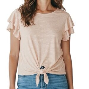NWT ADRIANNA PAPELL Pink Polka Dot Ruffle Sleeve Tie-Front Blouse Size Medium